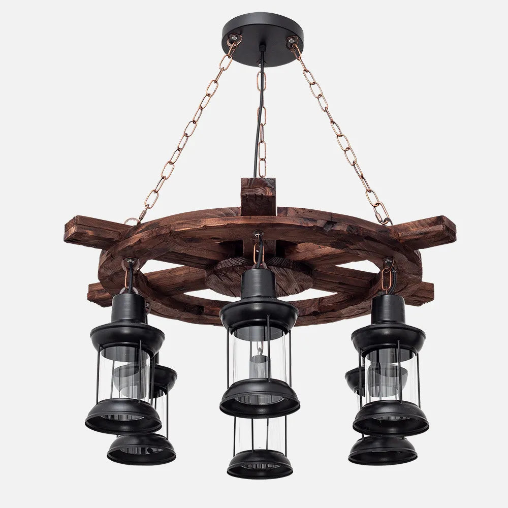 Lámpara Colgante Rústica Estilo Rueda De Timón 6 Luces E27 Negra (75x75 cm)