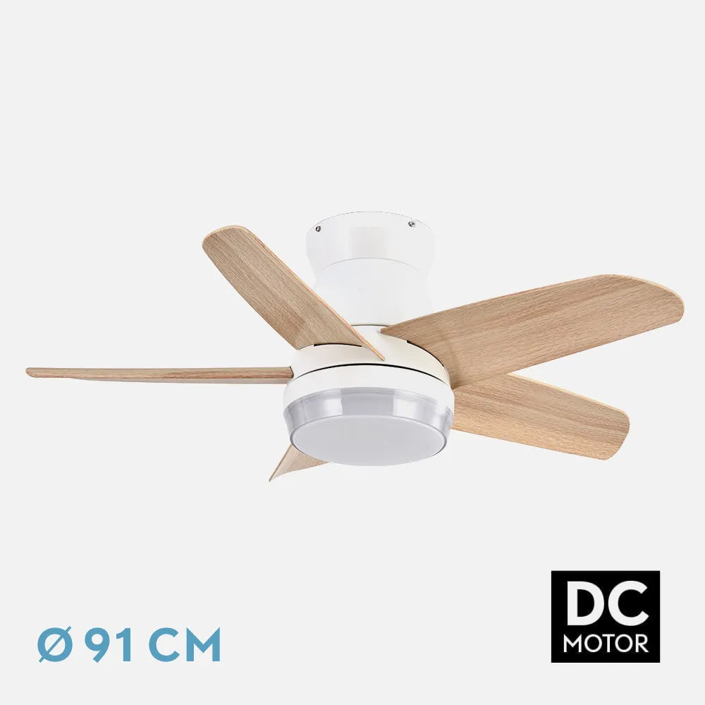 Ventilador de techo DC Neutron 24w 2400lm Blanco/haya 5 aspas 91 de diámetro 3000k,4500k,6000k, Remoto + temporizador + memoria