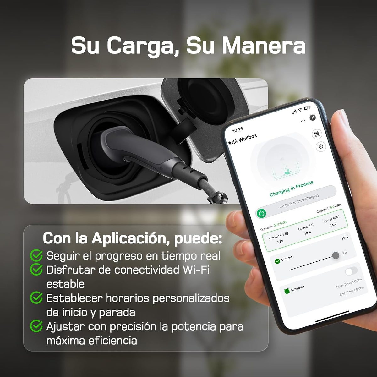 dé Mobile Wallbox 11kW con App, Cable de Carga Tipo 2 7 m, trifásico 6–16 A, Cargador para Coche eléctrico CEE 16A 400V con Potencia Ajustable, para ID.3/4/5/7, iX1, Model 3/Y y Otros EV/PHEV