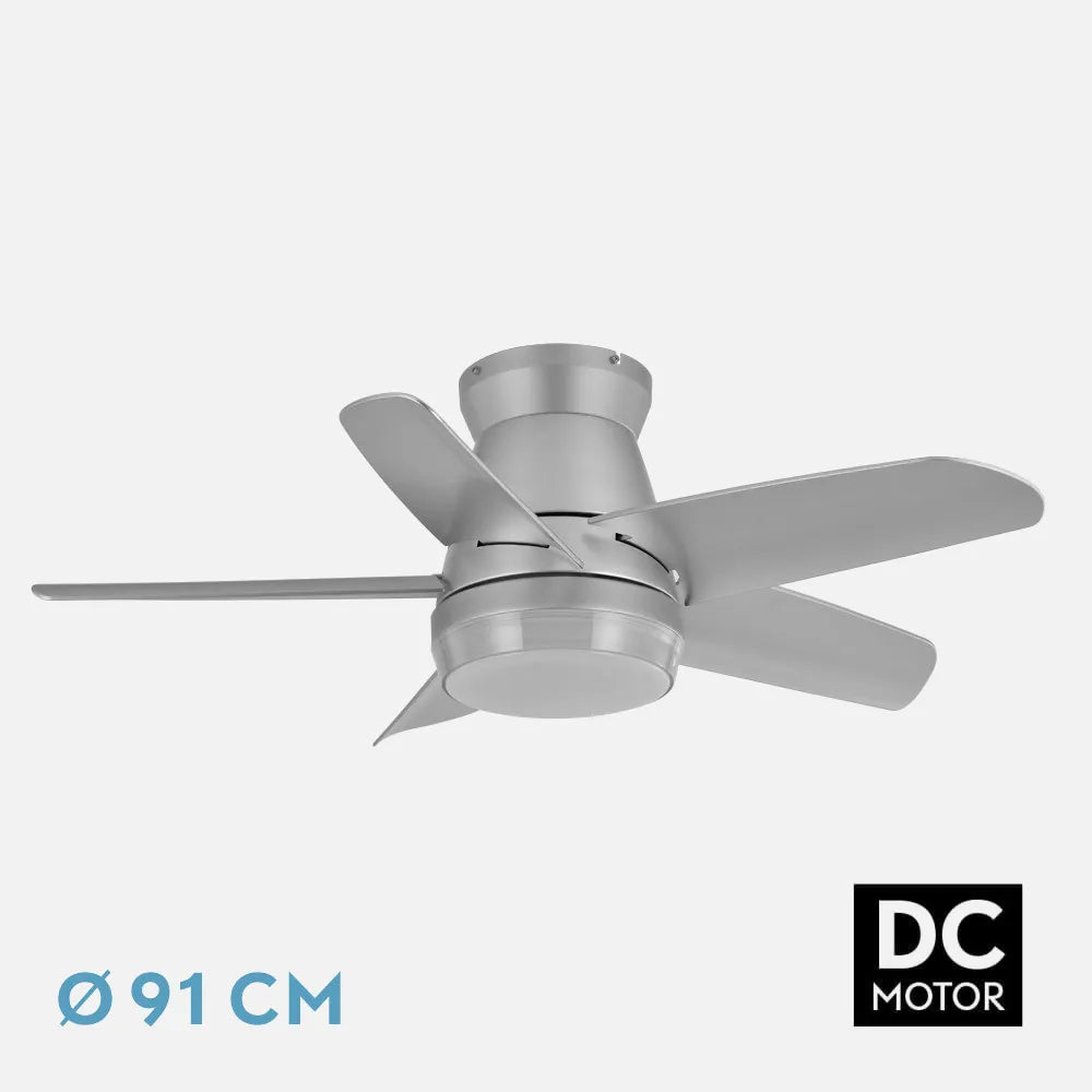 Ventilador de techo DC Neutron 24w 2400lm Plata 5 Aspas 91 de diámetro 3000k,4500k,6000k, Remoto + temporizador + memoria