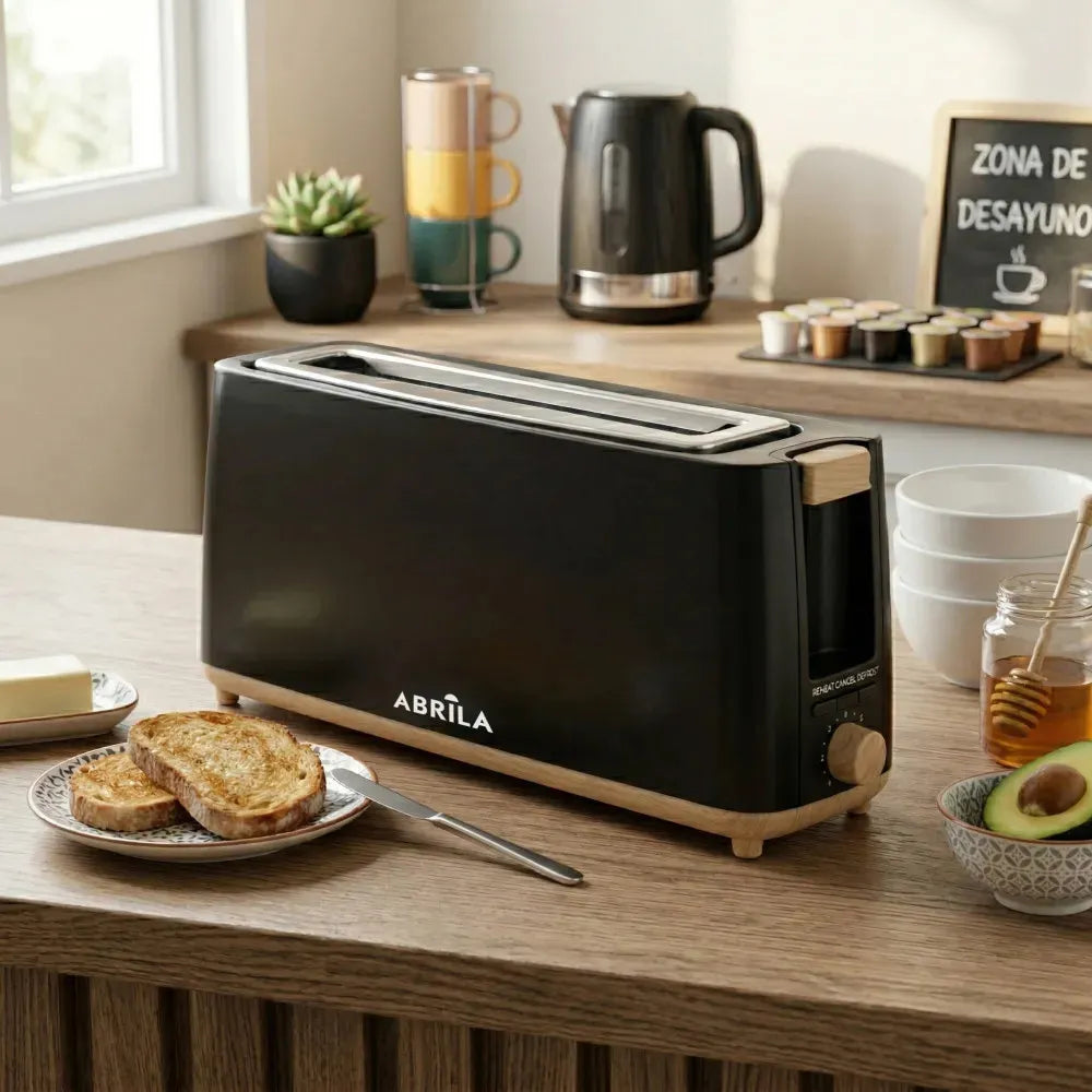 Abrila Tostador Pan Yeltes 900w Negro/haya con 7 niveles de tostado. descongelación, apagado automático. 1 ranura. recogemigas. 17x38x115cm