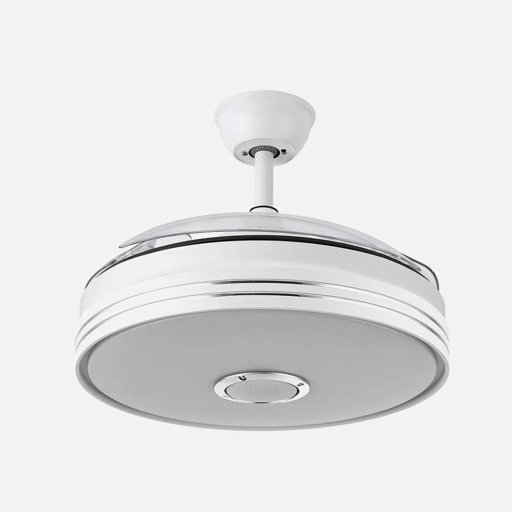 Ventilador de techo retráctil DC Matanuska 72w 6120lm Blanco, música Bluethooth 108 diámetro 3 Aspas Desplegables 6 Velocidades y 3 Colores