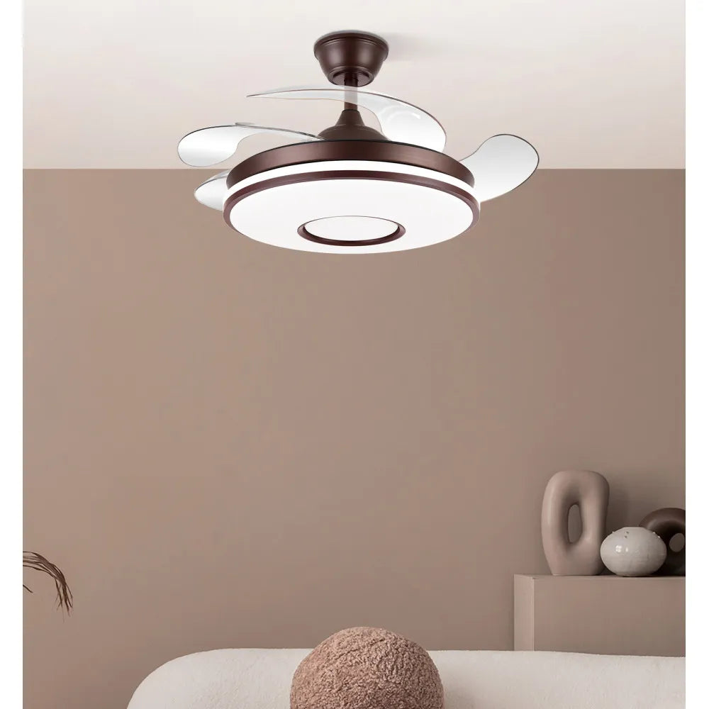 Ventilador de techo retráctil DC Dani 59w 6980lm Marrón 4 Aspas desplegadas 106d 3000-4200-6500k Remoto, Regulación de intensidad, Memoria Y Temporizador