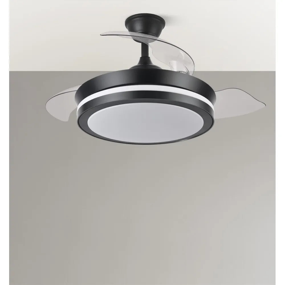 Ventilador de techo retráctil DC Esparta Negro Mini 59w 6980lm 91d 3 aspas 3000-4000-6000k Remoto+temporizador+memoria