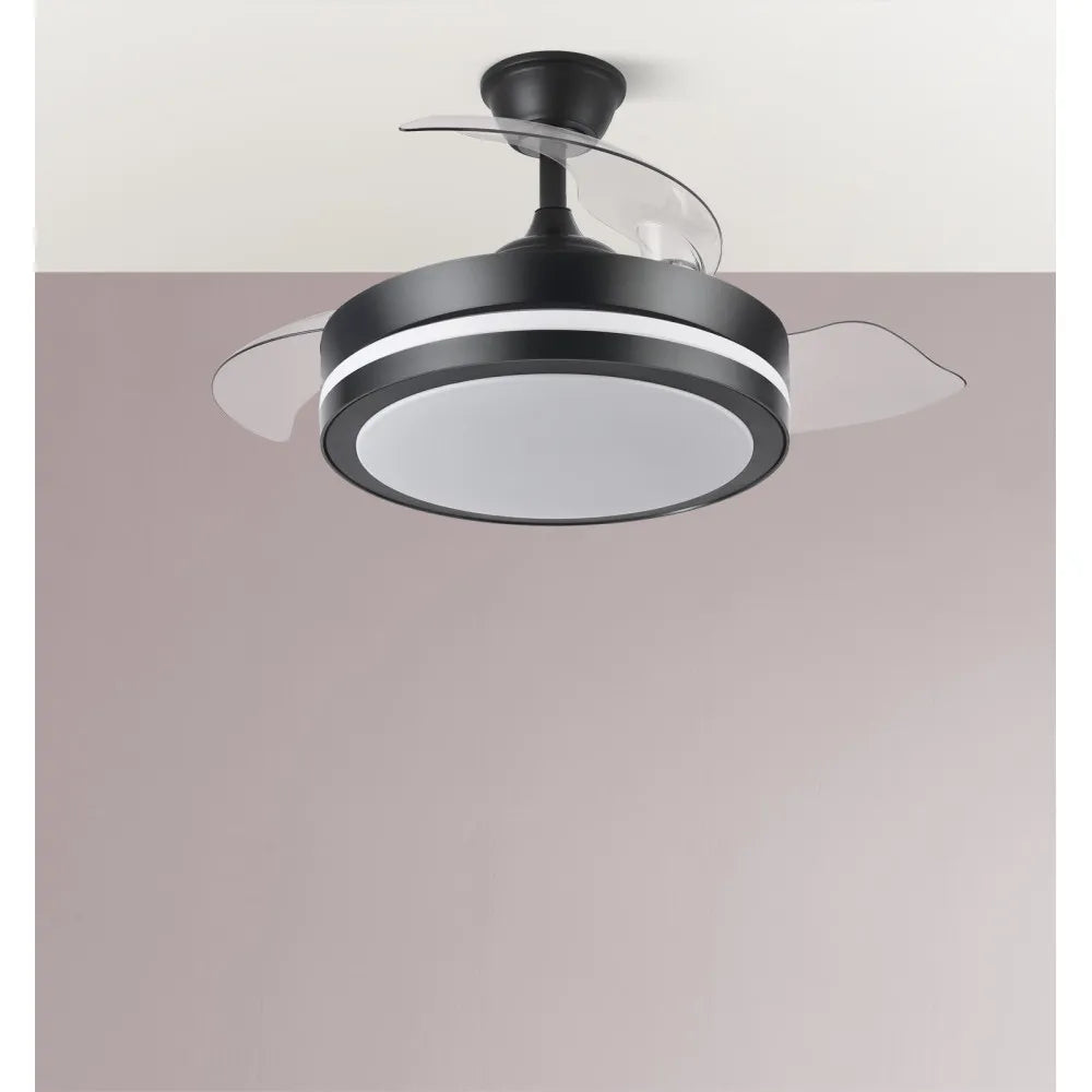 Ventilador de techo retráctil DC Esparta Pequeño 44w 5182lm Negro 72d 3 aspas 3000-4000-6000k Remoto + temporizador + memoria