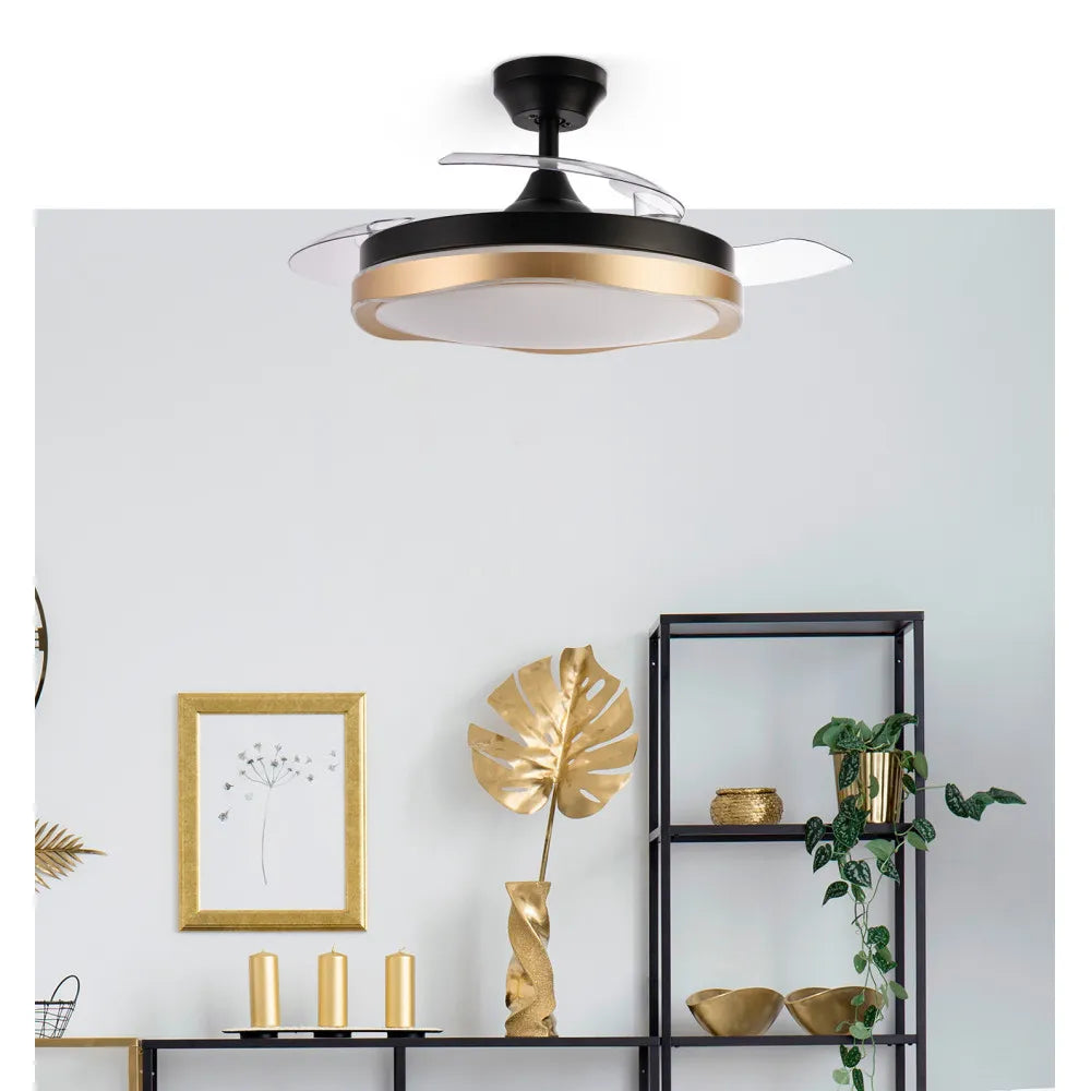 Ventilador de techo retráctil DC Blondi Negro/oro 72w 3 aspas 107d 7200lm 6 velocidades 3000k,4500k,6000k, Control Remoto + temporizador + memoria