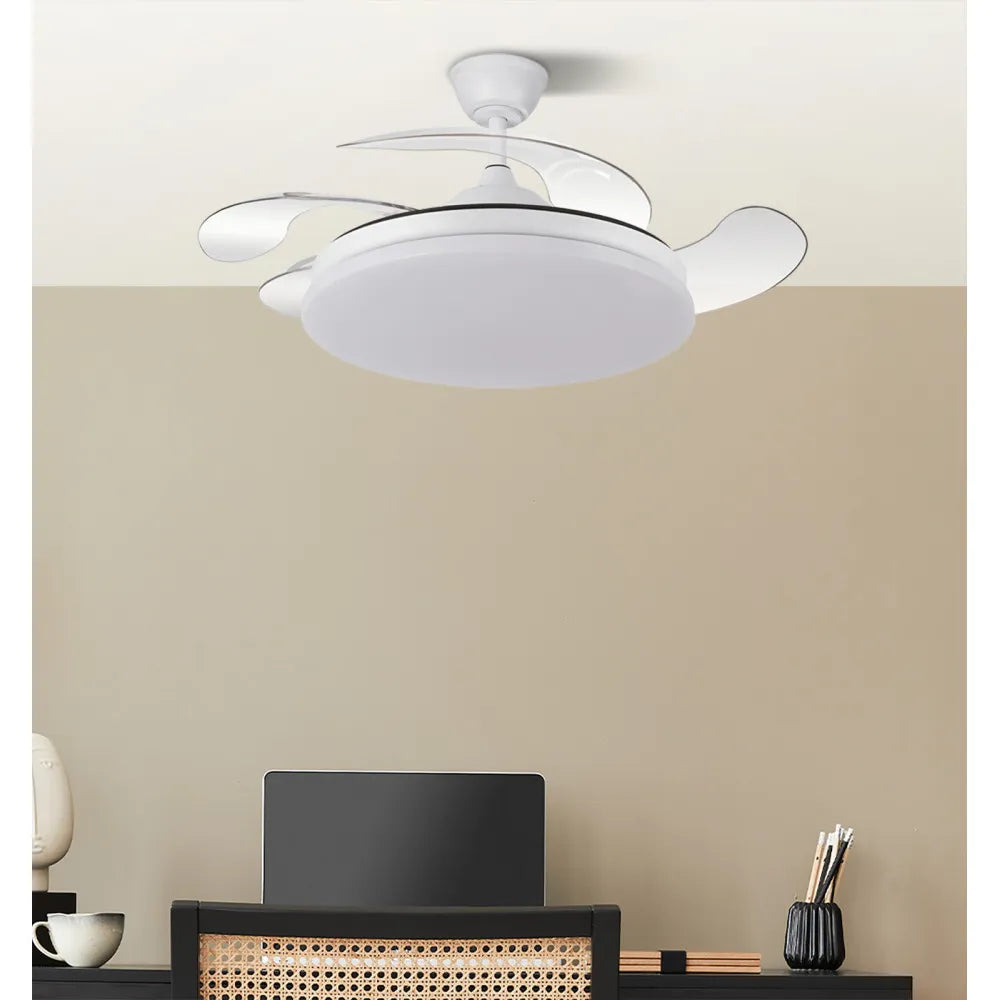 Ventilador retráctil DC Tridente 59w Blanco 4 aspas 107d 6980lm Regulación de intensidad Remoto+temporizador+memoria 3000-4000-6000k