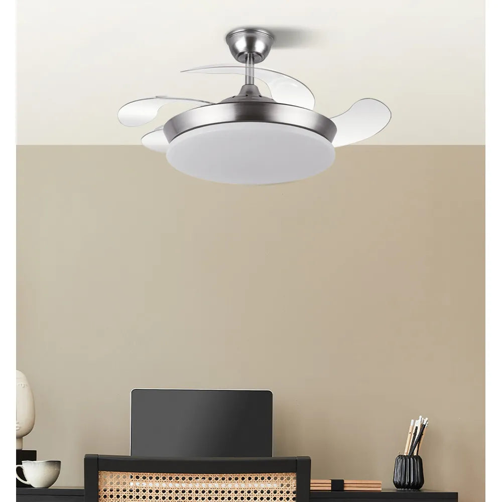 Ventilador retráctil DC Tridente Mini 59w Níquel 4aspas 91d 6980lm Regulación de intensidad Remoto+temporizador+memoria 3000-4000-6000k