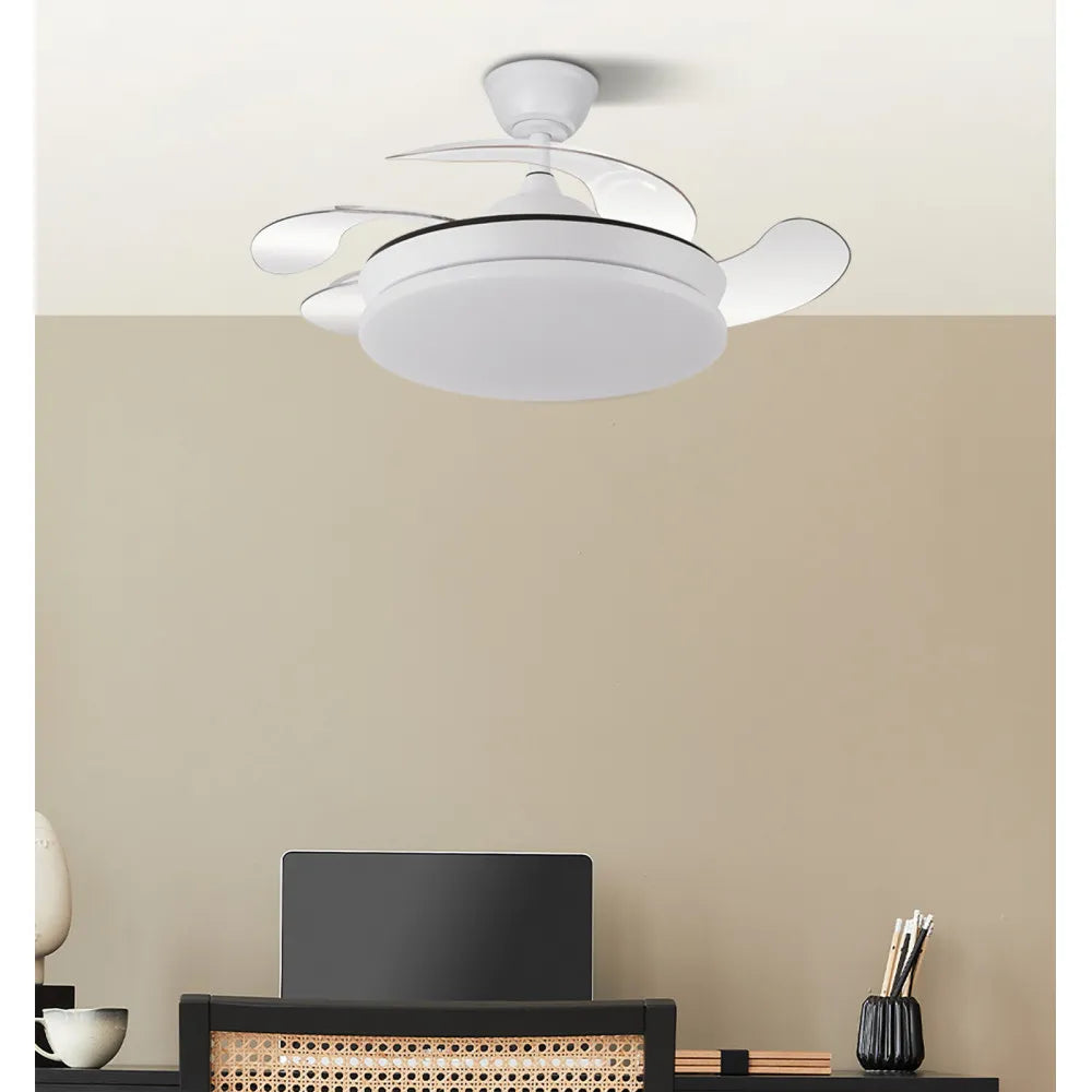 Ventilador retráctil DC Tridente Mini 59w Blanco 4 aspas 91d 6980lm Regulación de intensidad Remoto+temporizador+memoria 3000-4000-6000k