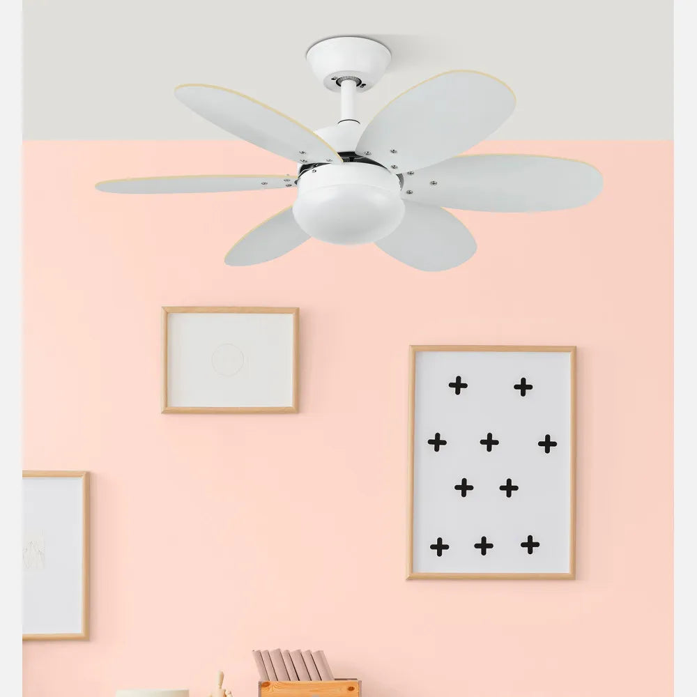 Ventilador de techo Dc Alves 2 bombillas E27 Blanco Con 6 Aspas Reversibles Blanco/haya 41x85 diámetro Control Remoto Y Temporizador