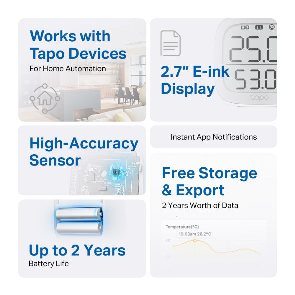 Tapo T315 – Monitor de Temperatura y Humedad, Alta precisión, automatización del hogar, hasta 2 años de duración de la batería, Requiere Hub