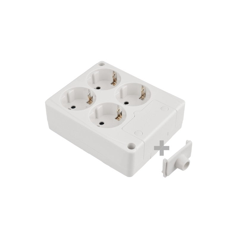 BASE MULTIPLE 4 TOMAS 2P+T,16A 250V .MAX.3680W COLOR BLANCO EMBORNAMIENTO FACIL ACCESO C/AGUJEROS FI