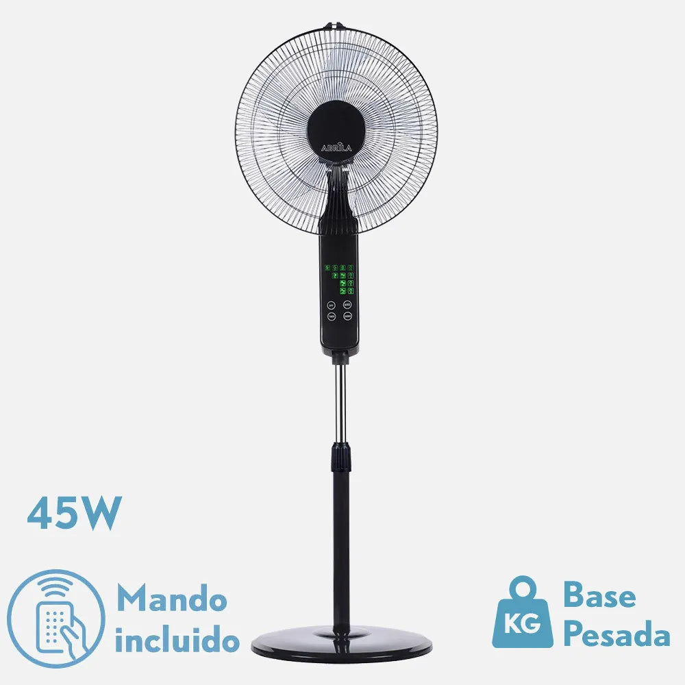 Ventilador De Pie Rodium Negro 3 velocidades 45w Regulable 43x40cm Oscilante 5 aspas táctil C/remoto Y Temporizador