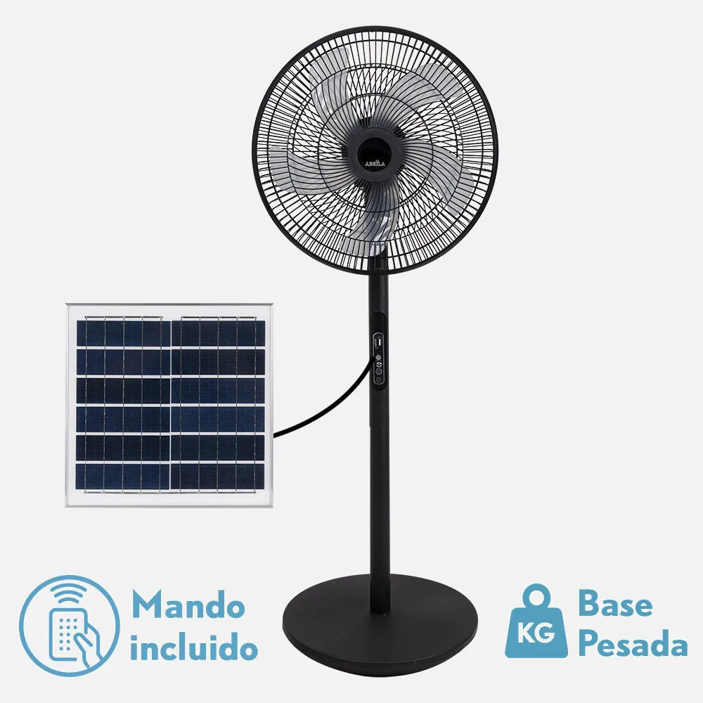 Ventilador de pie solar Rialto negro, 30 W, 3 velocidades, 5 aspas, puerto USB, batería de litio, 112 x 41 x 38 cm