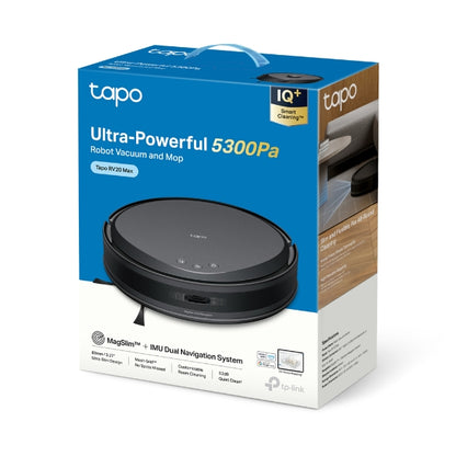 Tapo RV20 MAX – Robot Aspirador y Friegasuelos 4 en 1, Ultrasucción 5300Pa, Navegación LiDAR MagSlim, Limpieza Inteligente IQ+, Diseño Ultrafino 83mm, Limpieza Personalizable con App, Alexa y Google