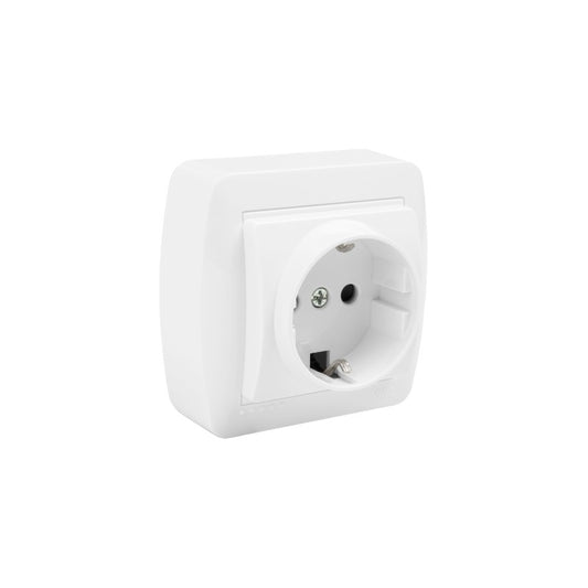 BASE FIJA 2P+T,16A 250V~ SUPERFICIE COLOR BLANCO ENTRADAS P/MINICANAL 10X16,10X20 Y 16X16 MM.