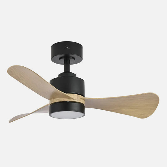 Ventilador de techo DC Zepelin 18w 1900lm Negro/madera Clara 3 aspas 91 de diámetro 3000-4000-6500K Control Remoto, memoria Y Temporizador