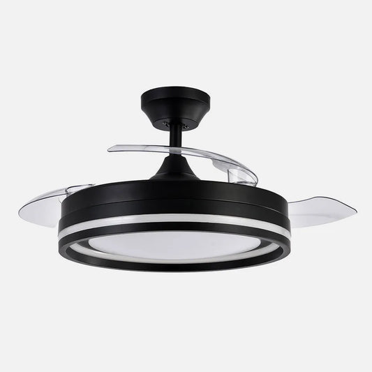 Ventilador de techo retráctil DC Cerrato Negro 72w 3 aspas Desplegables 107d 7200lm 6 velocidades 3000k,4000k,6000k, Control Remoto + temporizador + memoria
