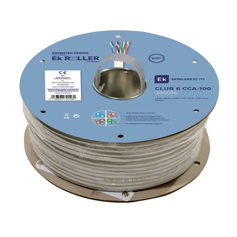 Cable de red lan cat6 u/utp cca cpr eca, bobina de 100m para ek roller