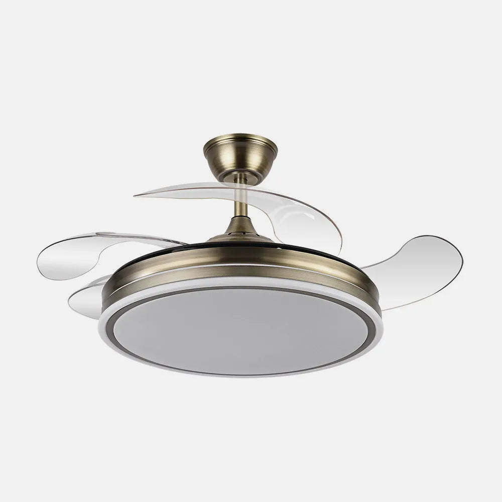 Ventilador de techo retráctil Bayomo 59w 6980lm Cuero 4 Aspas Desplegables 34,5/42x50/107d. 3 Colores DC. remoto + Regulación de Intensidad