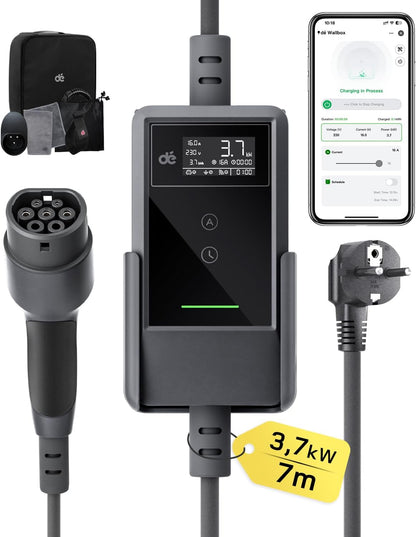 dé Cargador Coche Eléctrico App 3,7kW 7m, 6-16A Ajustable, Monofásico