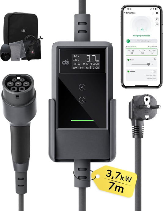 dé Cargador Coche Eléctrico App 3,7kW 7m, 6-16A Ajustable, Monofásico