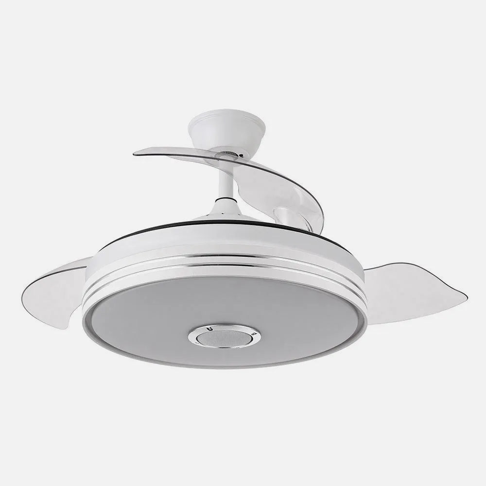 Ventilador de techo retráctil DC Matanuska 72w 6120lm Blanco, música Bluethooth 108 diámetro 3 Aspas Desplegables 6 Velocidades y 3 Colores