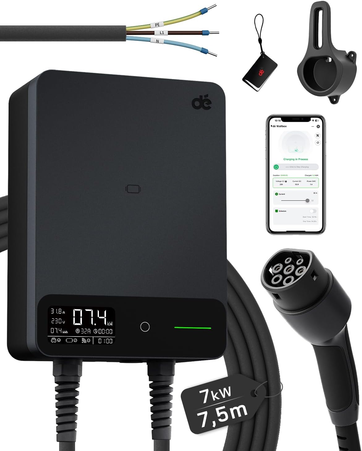 dé Wallbox cargador de vehículo eléctrico 7,4 kW Monofásico con App, Cable Tipo 2 de 7,5 m