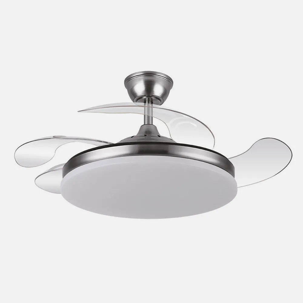 Ventilador retráctil DC Tridente 59w Níquel 4 aspas 107d 6980lm Regulación de intensidad Remoto+temporizador+memoria 3000-4000-6000k