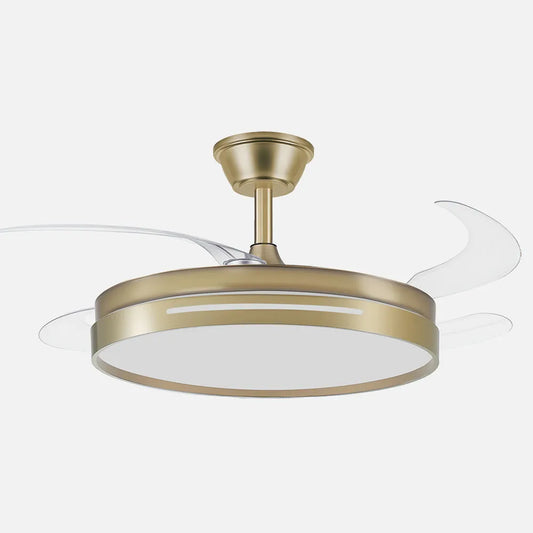 Ventilador de techo retráctil DC 59w Micenas Cuero 4 aspas transparentes 106d 6 velocidades 6980lm 3 colores Control Remoto, regulación de intensidad, memoria Y Temporizador