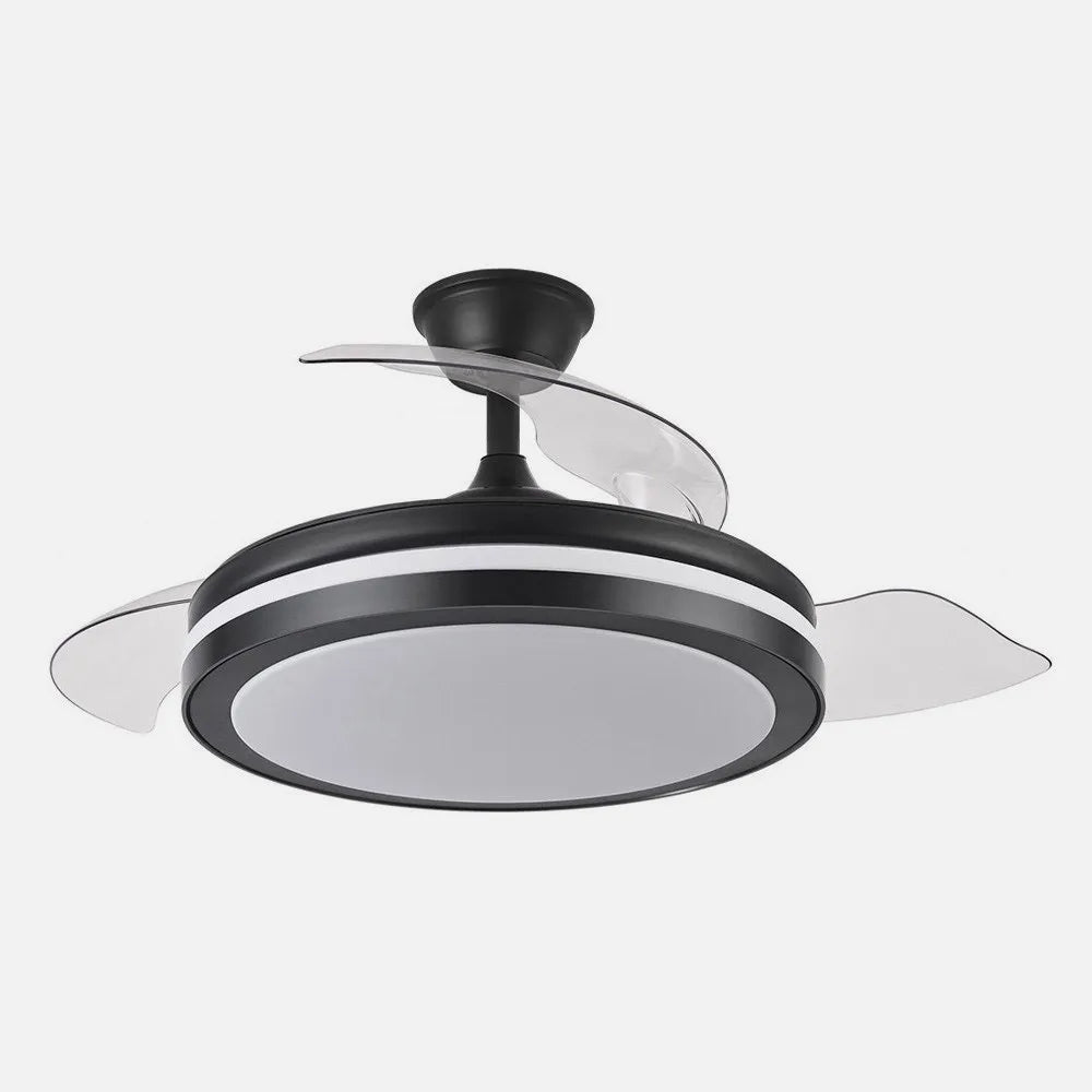 Ventilador de techo retráctil DC Esparta Plus 59w 6980lm Negro 107d 3aspas 3000-4000-6000k Control Remoto+ Temporizador+ Memoria