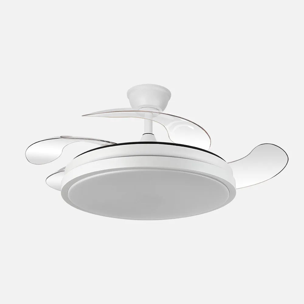Ventilador retráctil DC Escorpion 59w Blanco 4 aspas desplegables 107d Regulación de intensidad 6980lm 3000-4000-6000k Remoto+ Temporizador+ Memoria