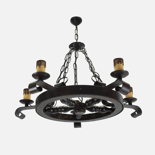 Lampara Colgante Rústico Rueda 5xe27 Marrón Regulable x68x68 Cm
