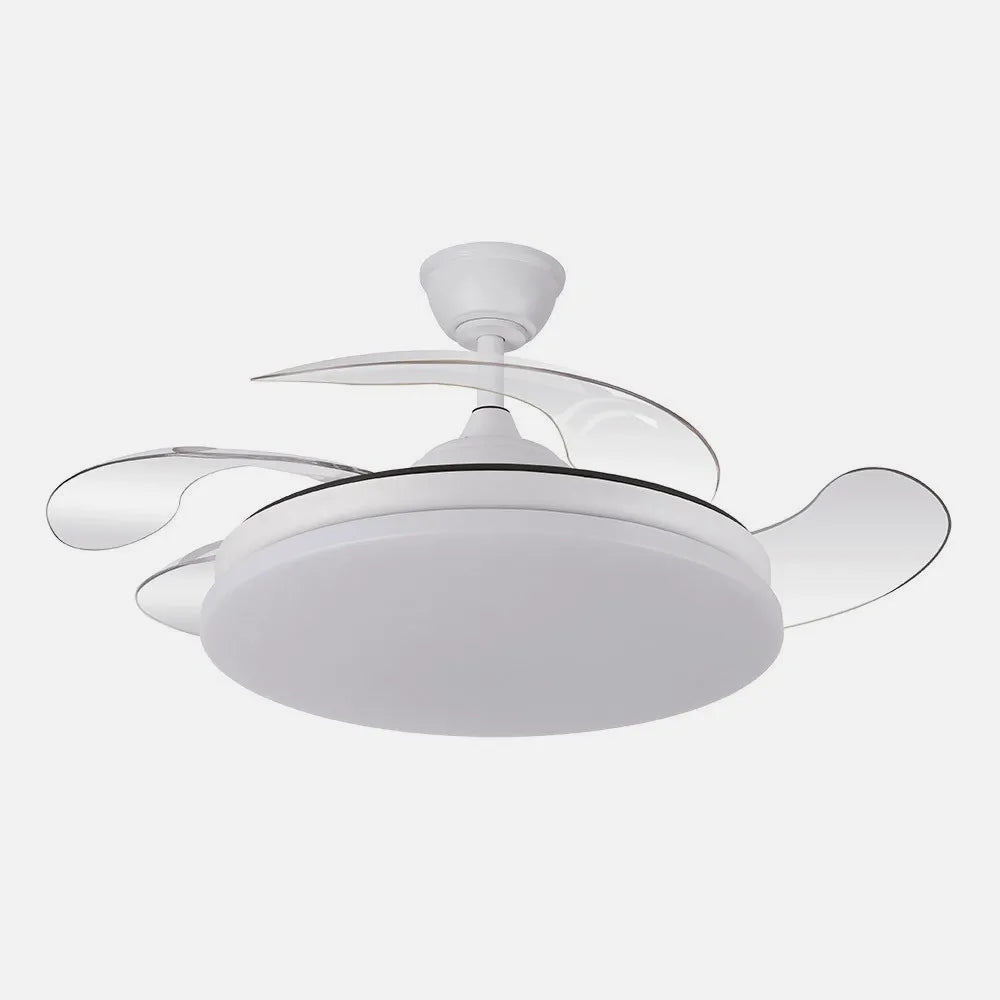 Ventilador retráctil DC Tridente 59w Blanco 4 aspas 107d 6980lm Regulación de intensidad Remoto+temporizador+memoria 3000-4000-6000k