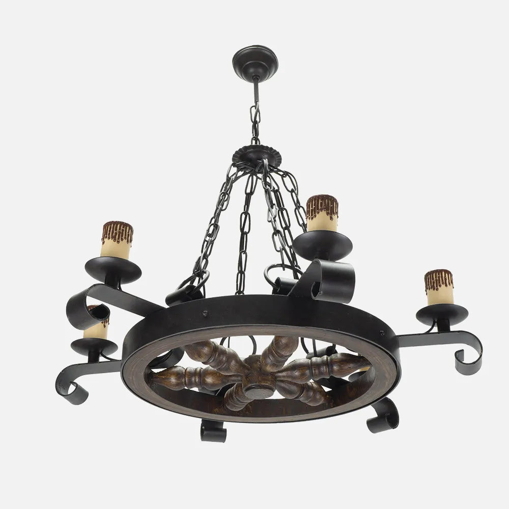 Lampara Colgante Rústico Rueda 6xe27 Marrón Regulable x70x70 Cm