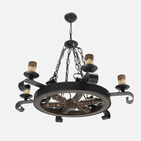 Lampara Colgante Rústico Rueda 6xe27 Marrón Regulable x70x70 Cm