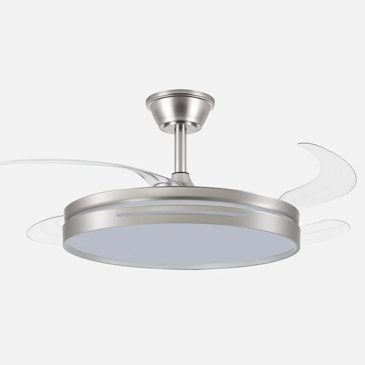 Ventilador de techo retráctil DC 59w Micenas Níquel 4 aspas transparentes 106d 6 velocidades 6980lm 3colores, control remoto, regulación de intensidad, memoria Y Temporizador