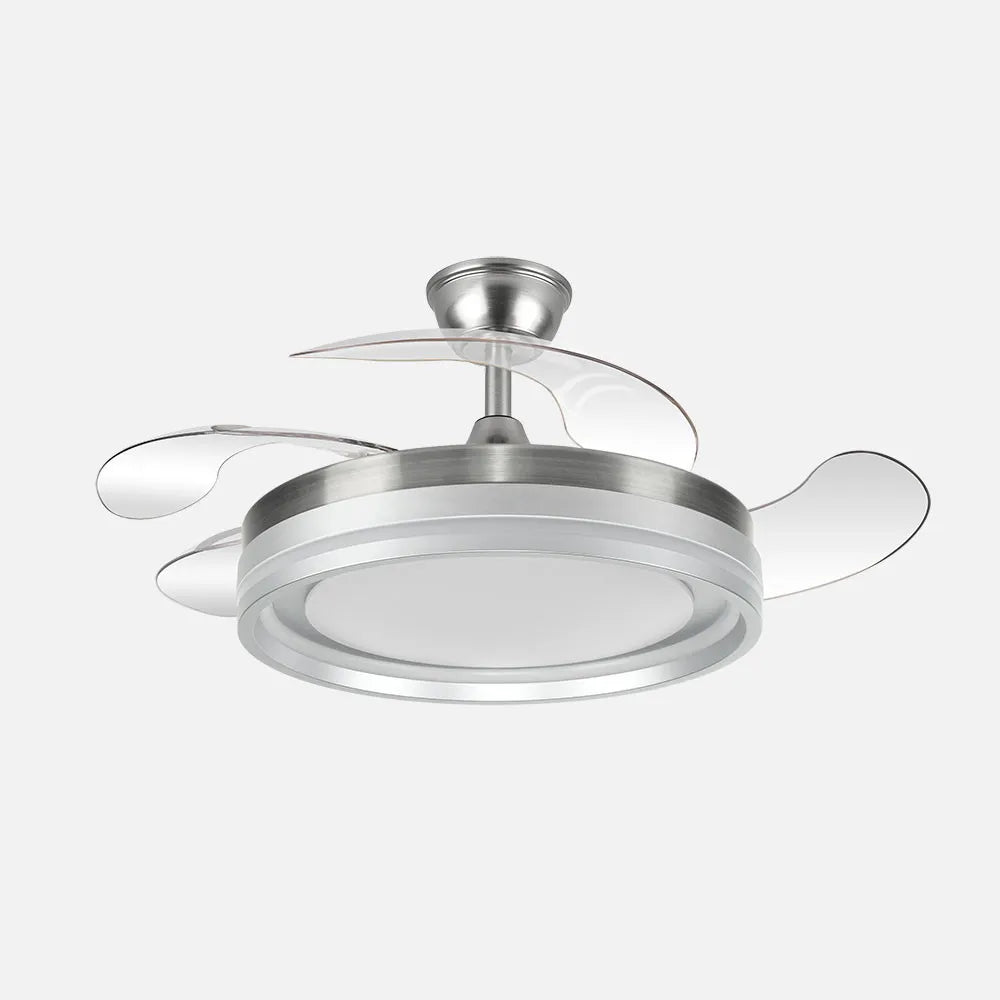 Ventilador de techo retráctil DC Cerrato Níquel 59w 4 aspas Desplegables 107d 6980lm 6 velocidades 3000k,4000k,6000k, Control Remoto + regulación de intensidad + temporizador + memoria