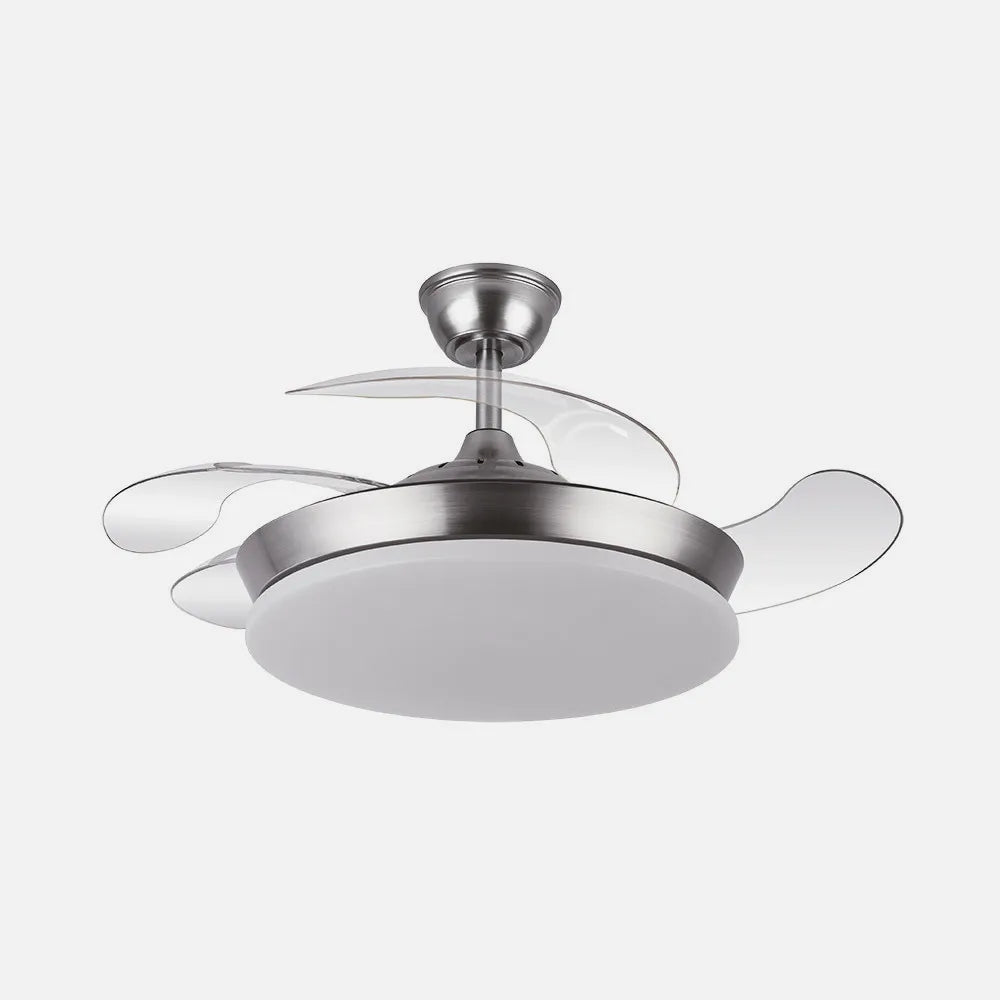 Ventilador retráctil DC Tridente Mini 59w Níquel 4aspas 91d 6980lm Regulación de intensidad Remoto+temporizador+memoria 3000-4000-6000k