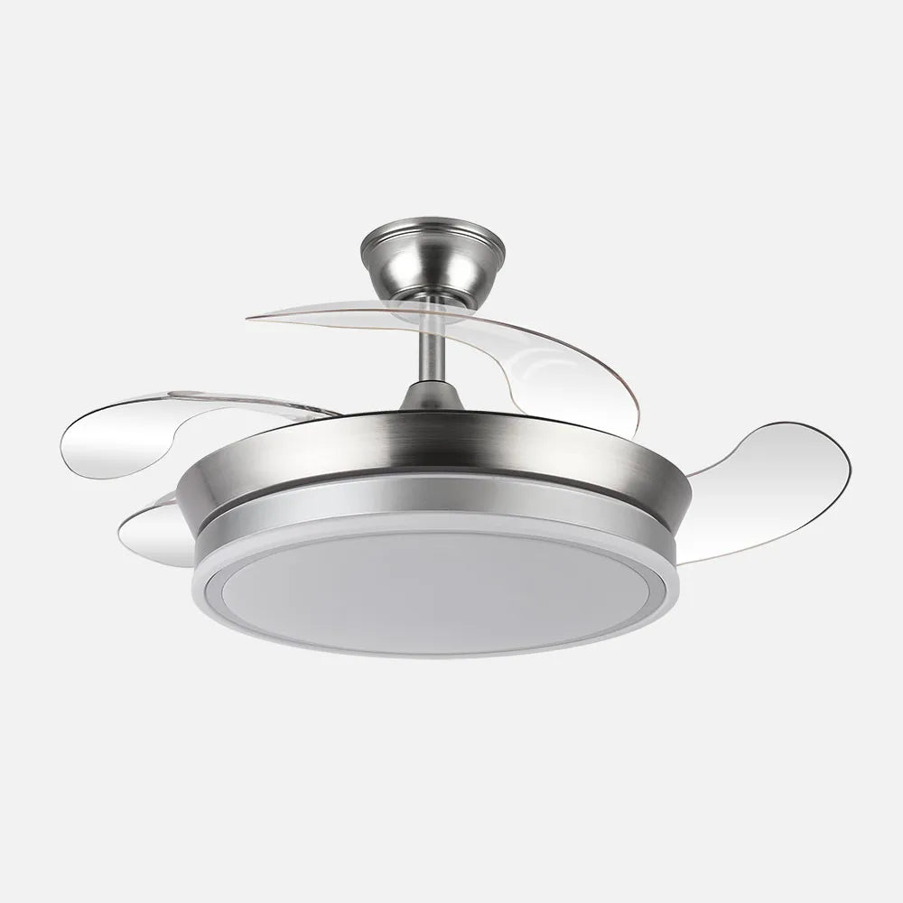 Ventilador de techo retráctil DC Bayomo Níquel 59w 6980lm 91d 4aspas desplegables 3000-4000-6000k Remoto, Regulable Intensidad, Temporizador, Memoria