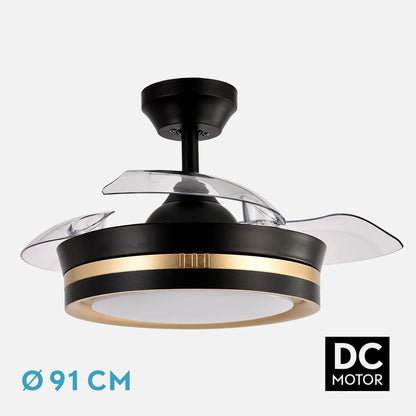 Ventilador de techo retráctil DC Viper Negro/oro 48w 3 aspas 91d 4800lm 6 velocidades 3000k,4500k,6000k, Control Remot0 + temporizador + memoria
