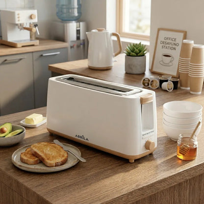 Abrila Tostador de Pan Yeltes 900w Blanco/haya, con 7 niveles de tostado, descongelación, apagado Automático, 1 ranura, recogemigas. 17x38x11,5cm