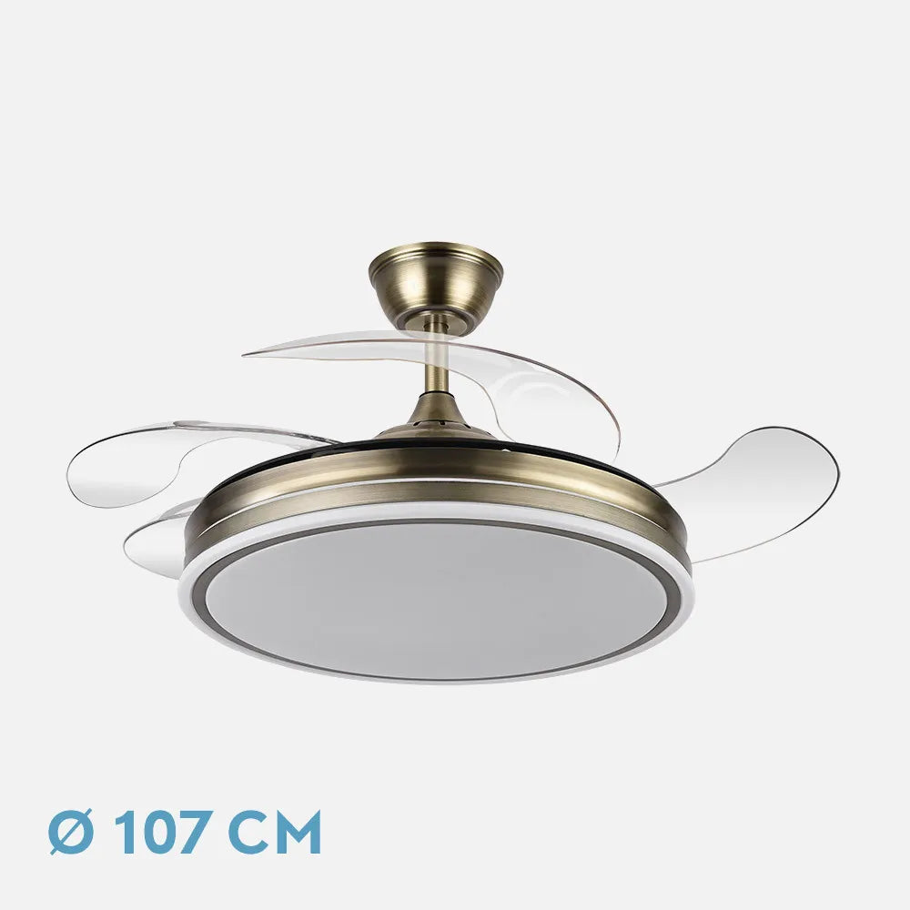 Ventilador de techo retráctil Bayomo 59w 6980lm Cuero 4 Aspas Desplegables 34,5/42x50/107d. 3 Colores DC. remoto + Regulación de Intensidad