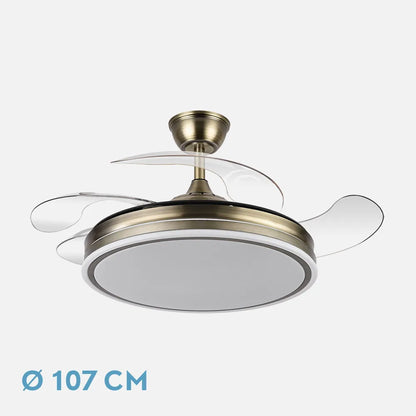 Ventilador de techo retráctil Bayomo 59w 6980lm Cuero 4 Aspas Desplegables 34,5/42x50/107d. 3 Colores DC. remoto + Regulación de Intensidad