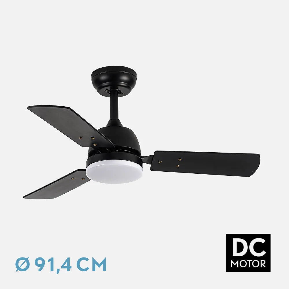 Ventilador de techo DC Pórtico 20w Negro 3 aspas Negro/gris 6 velocidades 3000k,4000k,6500k 2350lm, Control Remoto, Memoria Y Temporizador