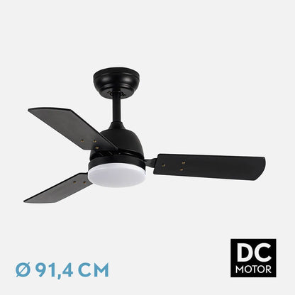 Ventilador de techo DC Pórtico 20w Negro 3 aspas Negro/gris 6 velocidades 3000k,4000k,6500k 2350lm, Control Remoto, Memoria Y Temporizador