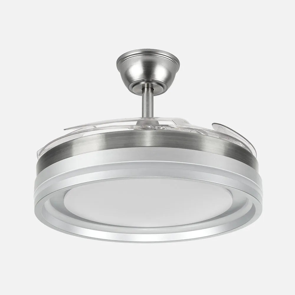 Ventilador de techo retráctil DC Cerrato Níquel 59w 4 aspas Desplegables 107d 6980lm 6 velocidades 3000k,4000k,6000k, Control Remoto + regulación de intensidad + temporizador + memoria