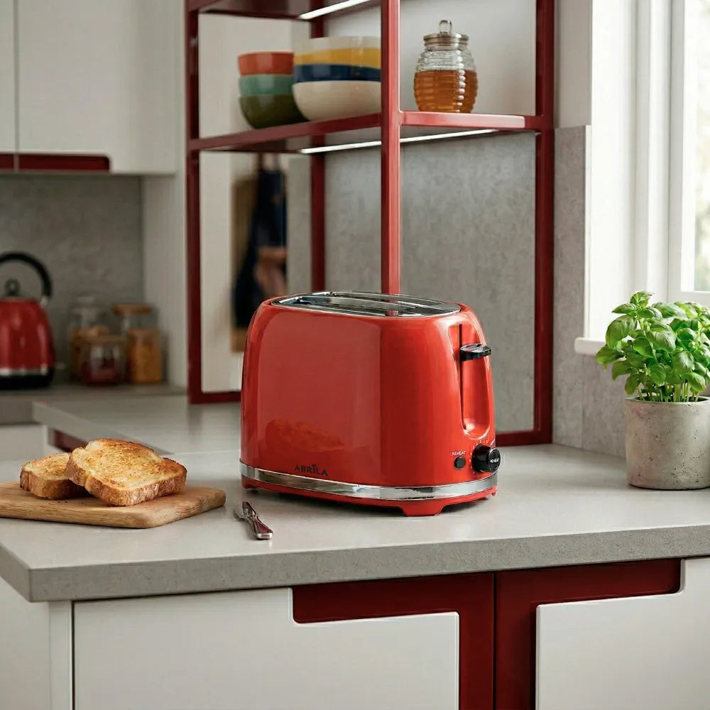 Abrila Tostador de Pan Tambre 850w Rojo con 7niveles de tostado, función Descongelación, Apagado automático, 2ranuras. recogemigas. 19x28x17cm