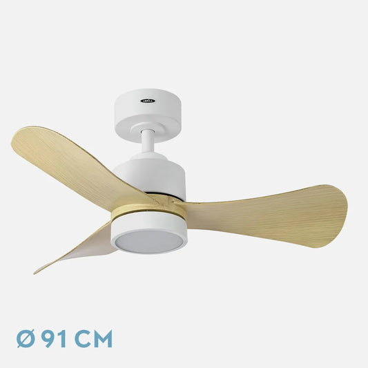 Ventilador de techo DC Zepelin 18w 1900lm Blanco/haya 3 aspas 91 de diámetro 3000-4000-6500k Control Remoto, memoria Y Temporizador