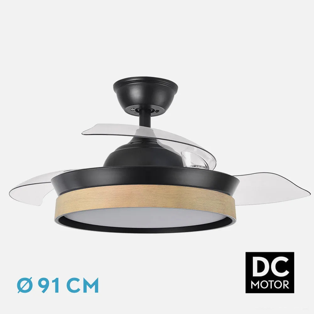 Ventilador de techo retráctil DC Iglu Negro/haya 72w 6120lm 91d 3 aspas desplegable 3000-4000-6000k Remoto, Temporizador, Memoria